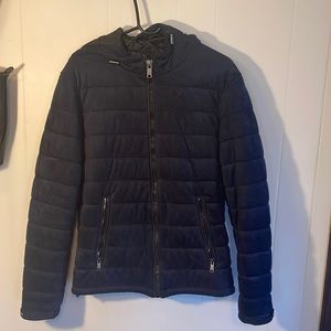 Zara Men’s Medium Suede Puffer Jacket Navy Hooded